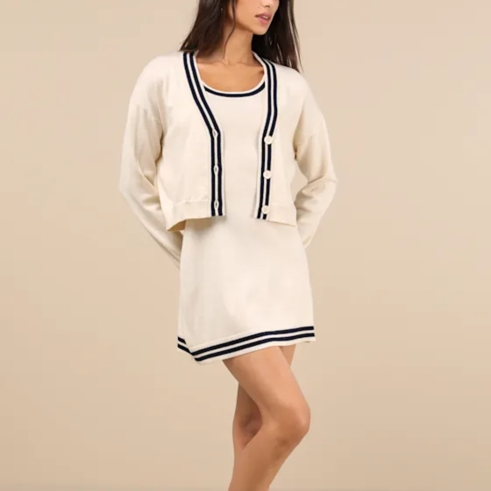 Lulu's Cream and Black Trim Sporty Chic Knit Mini Dress Set